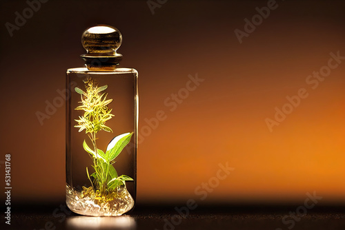 Green seedling, spice plant in a small glass bottle, abstract nature background, digital illustration, digital painting, cg artwork, realistic illustration, 3d render