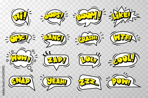 Сomic speech bubbles stickers with text, cloud, stars on transparent background. Pop art vector cartoon illustration in retro style. Design for comic book, poster, banner, card