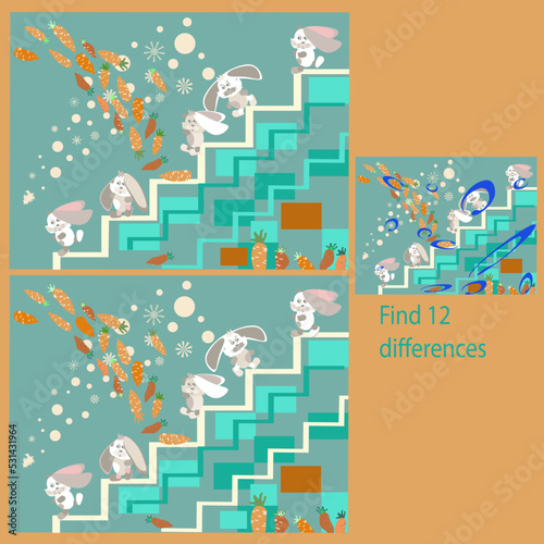 in the funny Rabbits on the Grass rebus for children up to 8 years old, find 12 differences