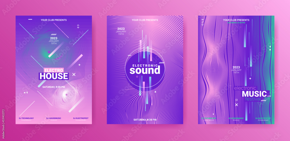 Electronic Music Cover Set. Minimal Sound Design. Vector 3d Illustration. Electro Music Cover Collection. Techno Dance Poster. Gradient Wave Line. Abstract Edm Banner. Electronic Music Covers.