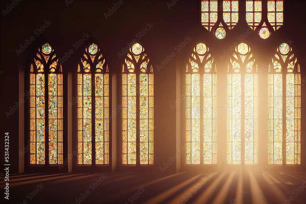 Beautiful colorful gothic stained cathedral window, digital illustration, digital painting, cg artwork, realistic illustration, 3d render - obrazy, fototapety, plakaty 