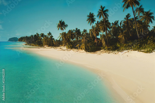 Beautiful tropical ocean coast, palm trees, white sand, digital illustration, digital painting, cg artwork, realistic illustration, 3d render