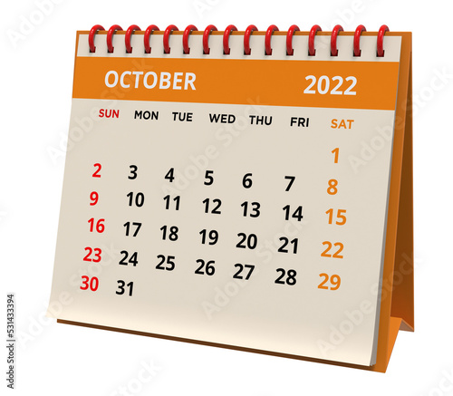 Standing Desk Calendar October 2022, orange calendar on a transparent background, PNG file
