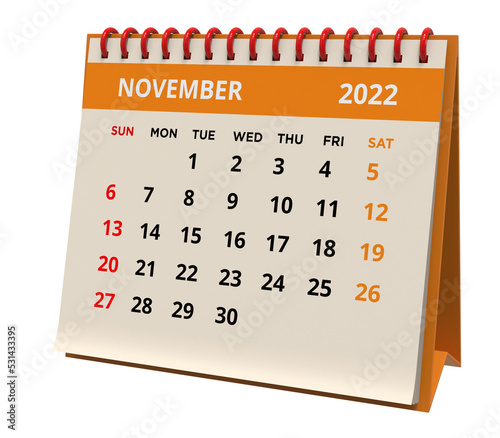 Standing Desk Calendar November 2022, orange calendar on a transparent background, PNG file