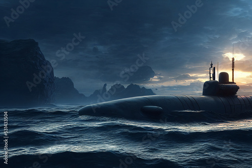 Submarine floating in ocean 3d illustration Fototapet
