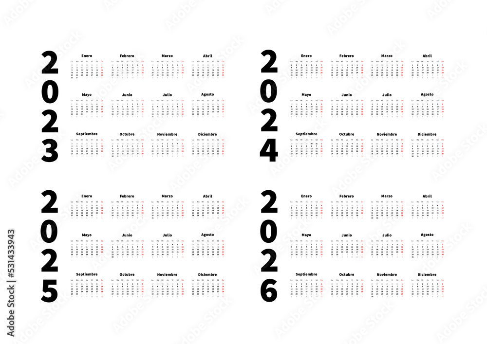 2023, 2024, 2025, 2026 years simple horizontal calendars set in spanish