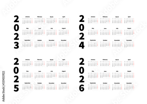 2023, 2024, 2025, 2026 years simple horizontal calendars set in english language, typographic calendars on white