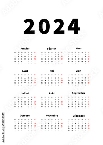 2024 year simple vertical calendar in french language, typographic calendar on white