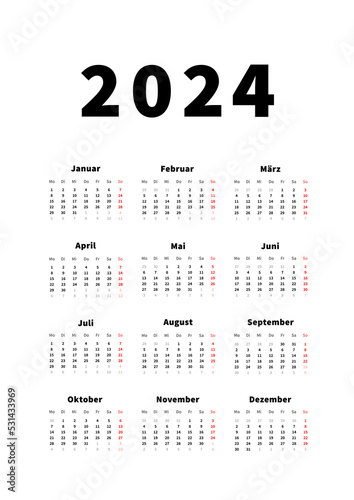 2024 year simple vertical calendar in german language, typographic calendar isolated on white