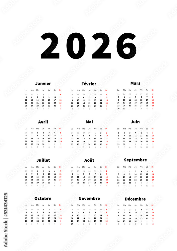 2026 year simple vertical calendar in french language, typographic calendar on white 2026 year simple vertical calendar in french language, typographic calendar on white