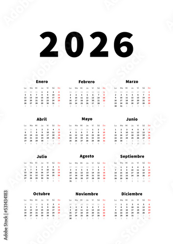 2026 year simple vertical calendar in spanish language, typographic calendar isolated on white