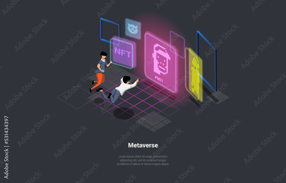 Concept Of Metaverce, Virtual Reality. Characters In VR. Global Internet Connection With Experience Metaverse Technology. Digital World Smart Futuristic Interface. Isometric 3d Vector Illustration