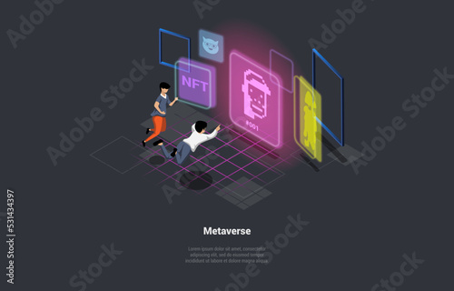Concept Of Metaverce, Virtual Reality. Characters In VR. Global Internet Connection With Experience Metaverse Technology. Digital World Smart Futuristic Interface. Isometric 3d Vector Illustration © Intpro