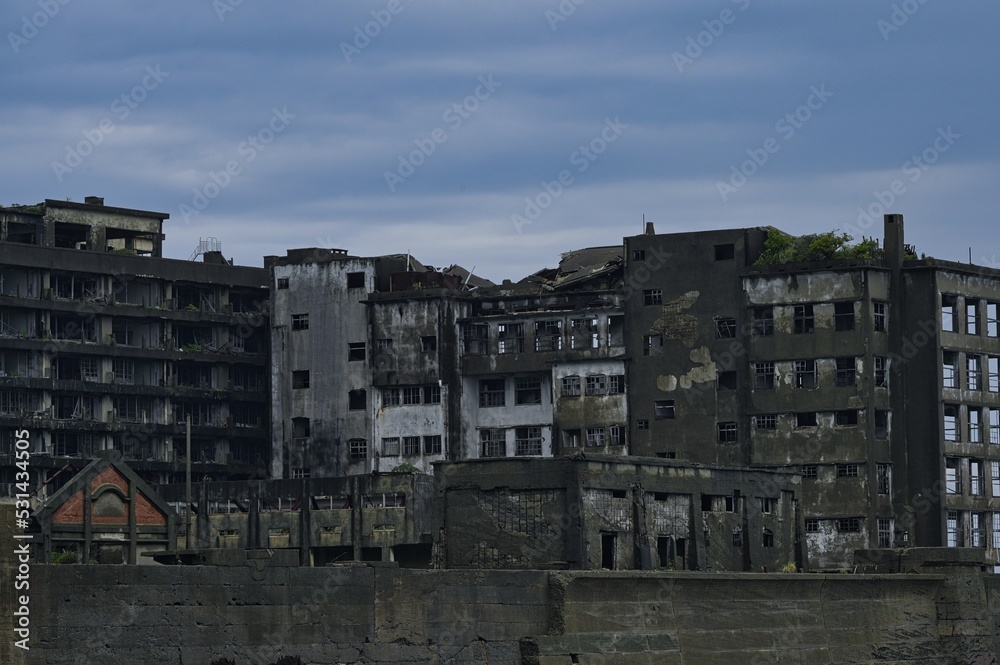 Landscape view of abandoned and isolated island, Hashima with old buildings as World Heritage site located in Nagasaki, Japan