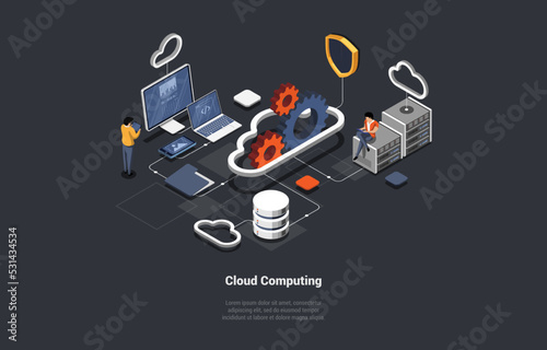Cloud Computing. Delivery of Computing Services Including Servers, Storage, Databases, Networking, Software, Analytics, and Intelligence To offer Faster Innovation. Isometric 3d Vector Illustration