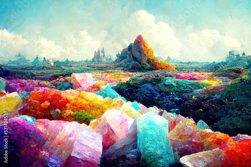 Beeindruckende Landschaft mit farbigen Kristallen bis zum Horizont. photo