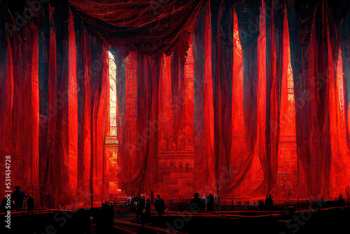 Ein großer roter Vorhang verbirgt ein Geheimnis.