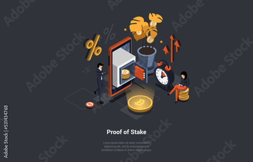 Blockchain Technology, Bitcoin, Altcoins Mining With Proof Of Stake Technology Concept. People Mining Crypto By Staking Cryptocurrency Using POS Technology. Isometric 3d Cartoon Vector Illustration