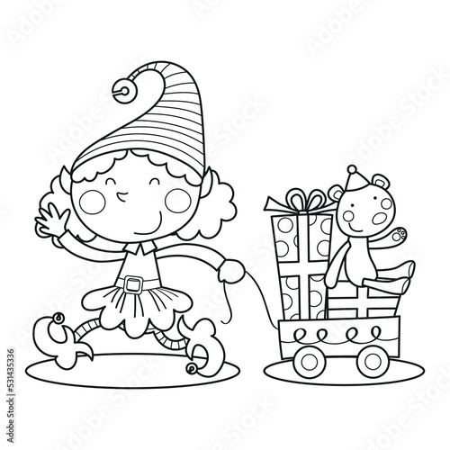 Cute elf girl with a cart full of toys and a teddy bear, Christmas clipart