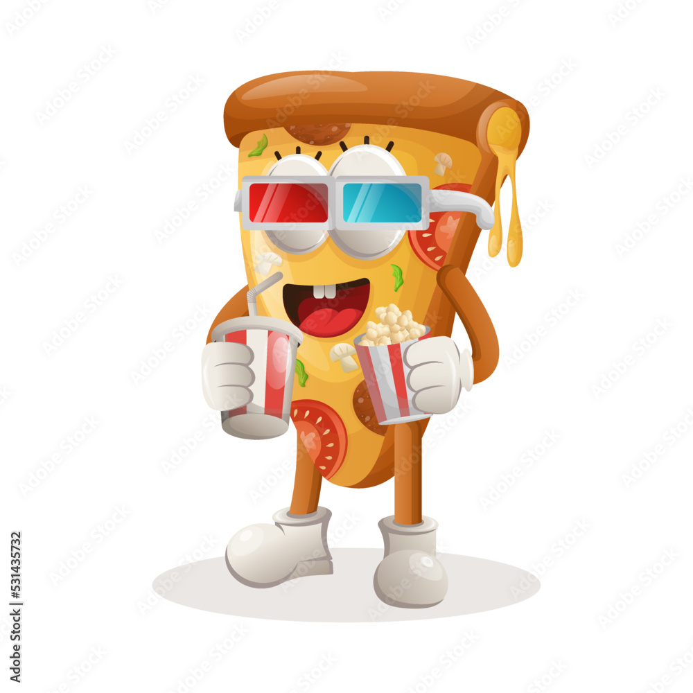 Cute pizza mascot watching movie with holding soda and popcorn Cute pizza mascot watching movie with holding soda and popcorn