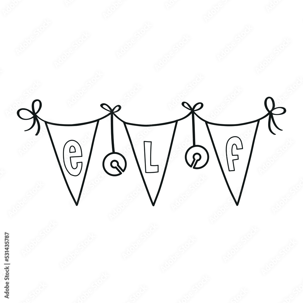 Pennants with the word elf and bells, Christmas clipart