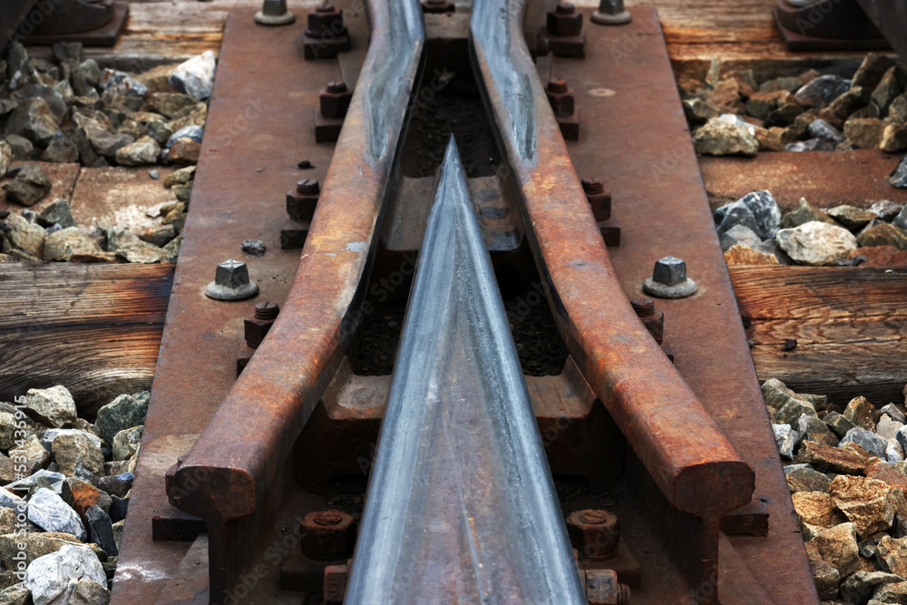 Close-up of a railroad track with a rack, cog railway in Zermatt, Gornergrat railway station, Switzerland, Europe Close-up of a railroad track with a rack, cog railway in Zermatt, Gornergrat railway station, Switzerland, Europe