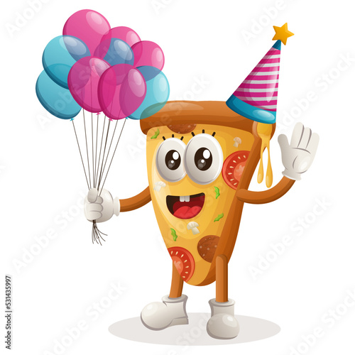 Cute pizza mascot wearing a birthday hat, holding balloons