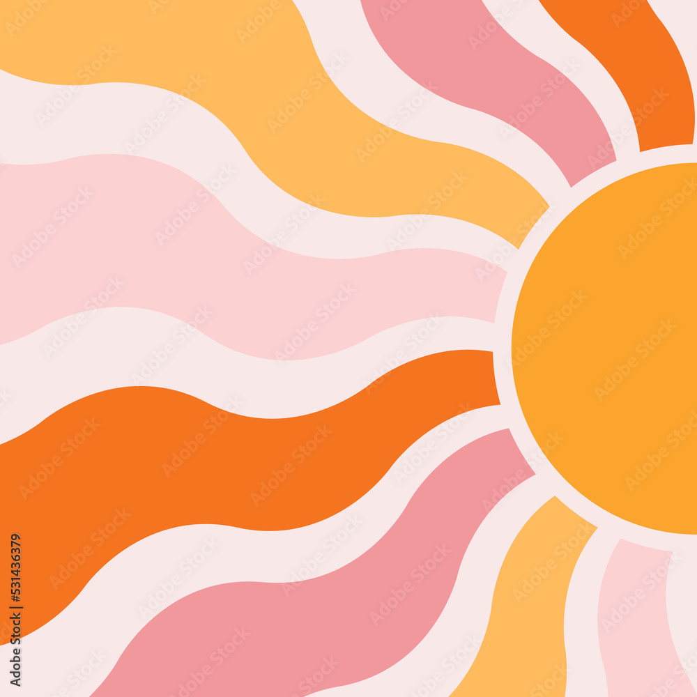 Abstract wavy sun retro style illustration with colorful (orange