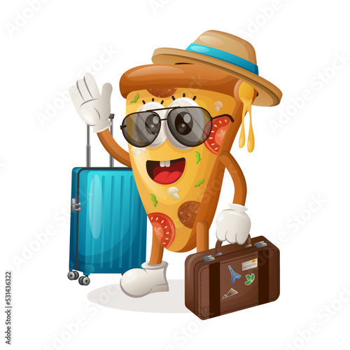 Cute pizza mascot on vacation