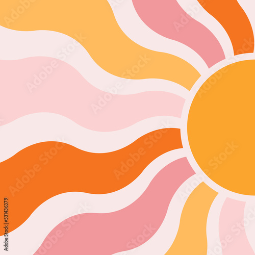 Abstract wavy sun retro style illustration with colorful (orange, pink) sun rays on pastel pink background for summer lovers © anasztazia