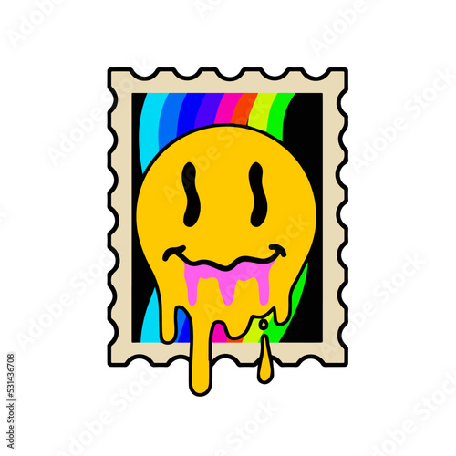 Acid postage stamp with yellow smile face. Rainbow pattern. Rave and techno poster of 90s.