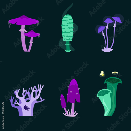 Set of poisonous mushrooms for Halloween. Magic mushrooms, set of imaginary mushrooms and plants