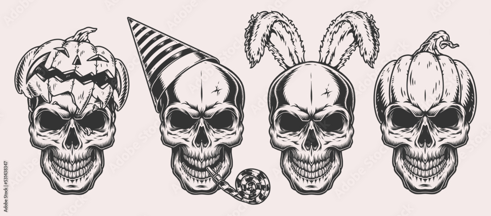 Holiday skulls set monochrome emblems Holiday skulls set monochrome emblems