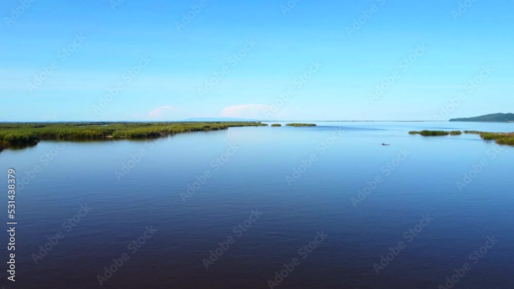 The Amur River during high water. Taken by a drone near the city of Khabarovsk. The Russian Far East.