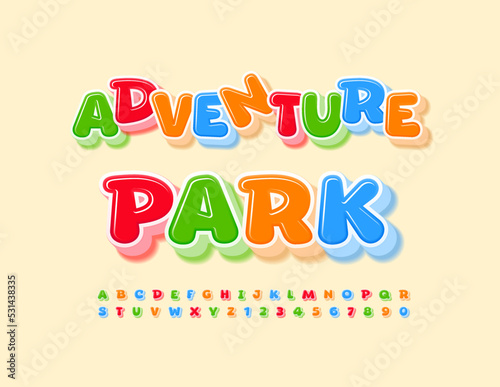 Vector advertising Poster Adventure Park. Kids Colorful Font. Bright 3D Alphabet Letters and Numbers set
