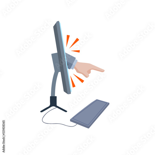 Finger points out of computer monitor. Concept of online censorship
