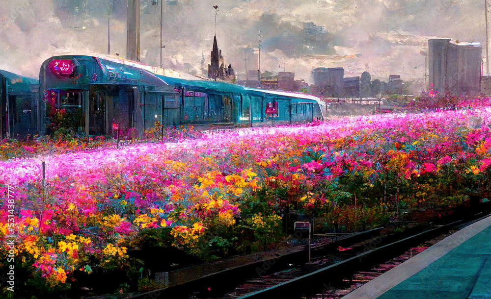 Fototapeta premium Spectacular flower garden in the suburbs of a futuristic cyberpunk city with a nearby train track and a futuristic train, neon glow lights. Digital 3D illustration.