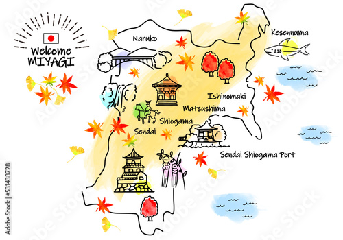 秋の宮城県の観光地シンプル線画イラストマップ