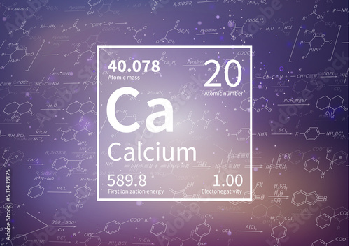Calcium chemical element with first ionization energy, atomic mass and electronegativity values on scientific background