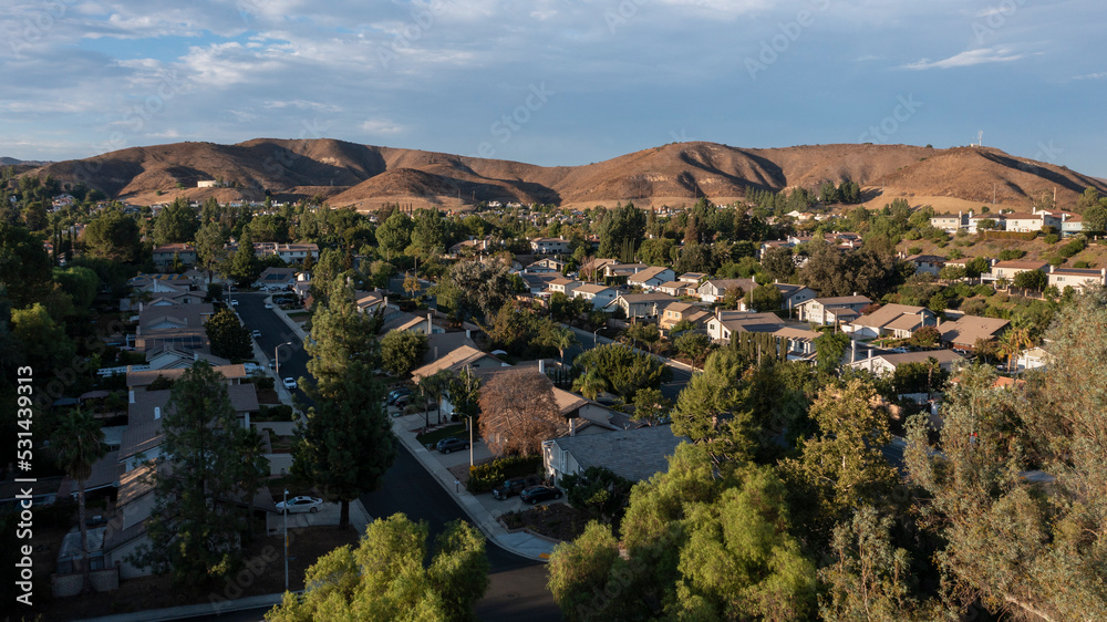 Sunset aerial view of single family housing in Agoura Hills, California, USA.