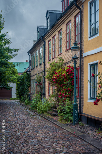Historic facades along cobblestoned street in old town Lund Sweden on rainy summer day