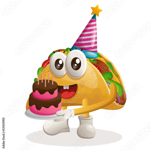 Cute taco mascot wearing a birthday hat, holding birthday cake