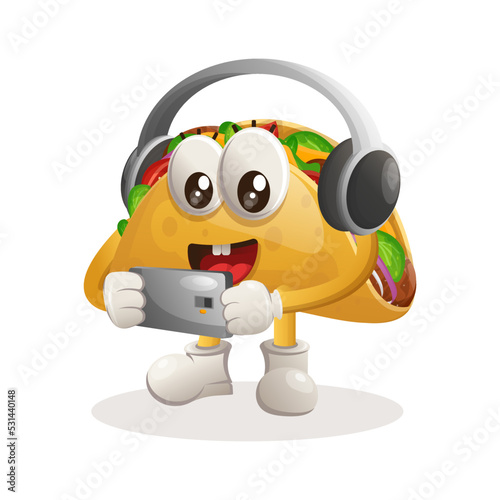 Cute taco mascot playing game mobile  wearing headphones