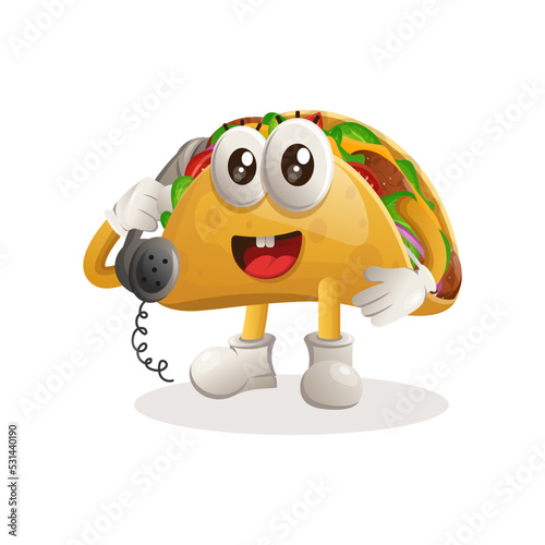 Cute taco mascot pick up the phone, answering phone calls