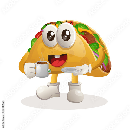 Cute taco mascot drinking tea, tea time
