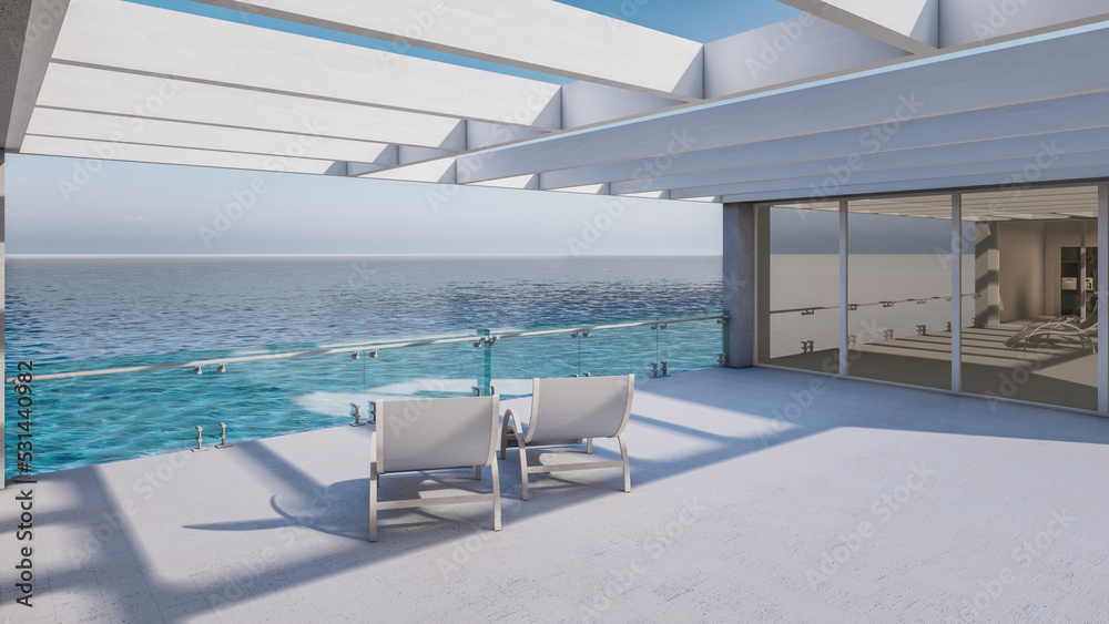 Architectural 3D Animation of Modern Minimal House With Sunbathing Bed And Sea View Architectural 3D Animation of Modern Minimal House With Sunbathing Bed And Sea View