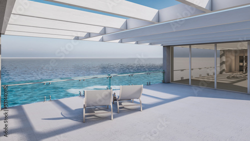 Architectural 3D Animation of Modern Minimal House With Sunbathing Bed And Sea View  © Aris Suwanmalee