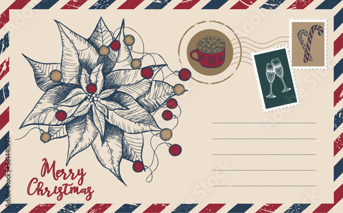 Christmas mail, postcard, hand drawn illustration.    
 