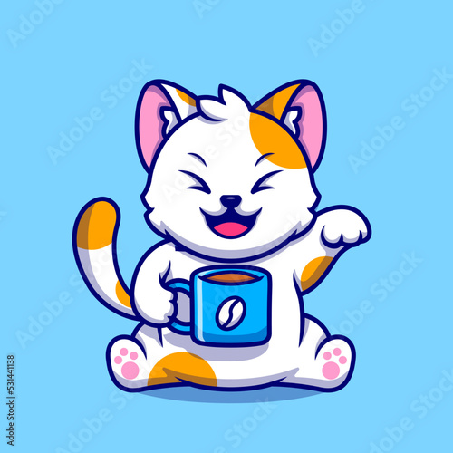Cute Cat With Coffee Cup Cartoon Vector Icon Illustration. 
Animal Drink Icon Concept Isolated Premium Vector. Flat 
Cartoon Style