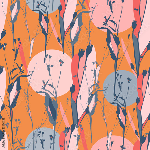 Abstract seamless pattern with plants, botanical nature background, raster version